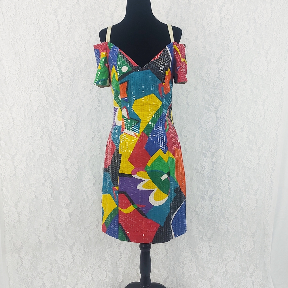 HB Honeybee Vintage 80s Off the Shoulder Sequin Multi-Color Bodycon Dress